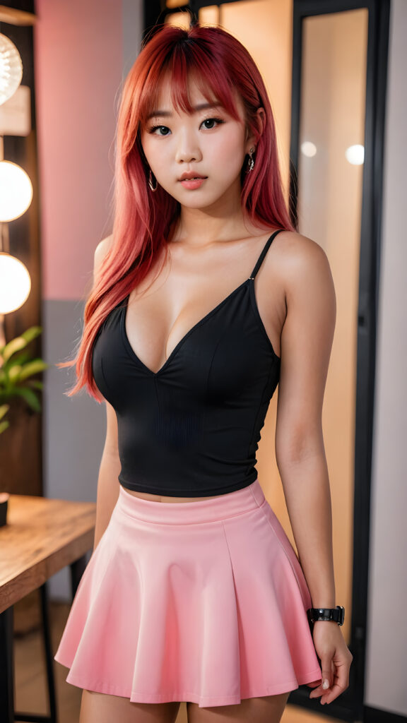 a young beautiful busty Asian (Korean) dream teen girl, wears a ((black deep v-neck tank top)) and ((round pink mini skirt)), (long straight neon red hair, bangs frame her face), flawless skin, detailed face, full lips, accentuating her ((navel)), ((stunning)) ((gorgeous)) ((detailed full body portrait)), ((full lips))