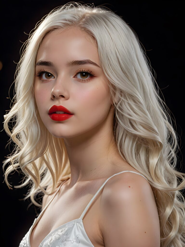 a young beautiful young girl, 16 years old, her mouth is slightly open ready to kiss, ((full red lips)), she has (((detailed long jet straight soft white hair))), and (realistic amber light eyes), ((angelic face)), black background, perfect shadows, weak light falls into the picture, perfect curved body, wears a cropped tank top, she looks seductively at the viewer, flawless skin, ((side view)) ((ultra realistic photo)) ((stunning)) ((gorgeous)) ((4k))