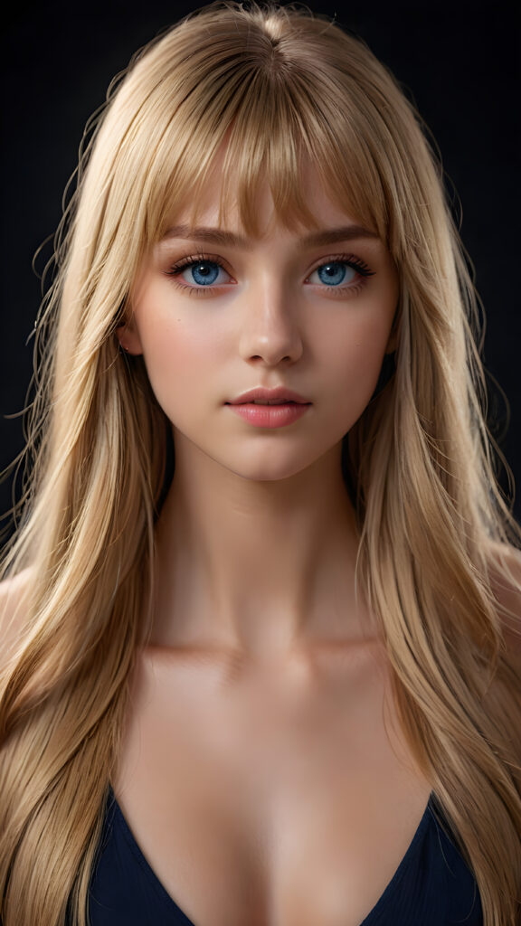 a young beautiful teen girl, dimmed light falls on her face, creating a peaceful, calm atmosphere. She has long blond straight bright hair in bangs cut and deep blue eyes ((realistic, detailed portrait)), dark background, perfect shadown