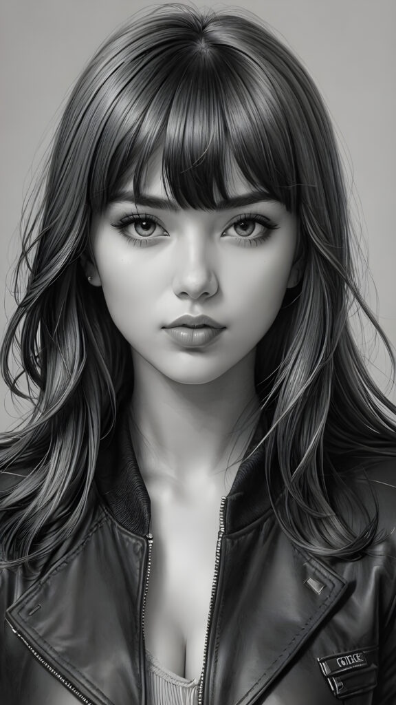 a young beautiful teen girl, perfect curved body, realistic detailed hair, fit body, full lips, crop black jacket, ((straight hair, bangs cut), ((stunning)) ((gorgeous)) ((detailed upper body portrait)), ((grey background)) ((a charcoal pencil drawing by hand))