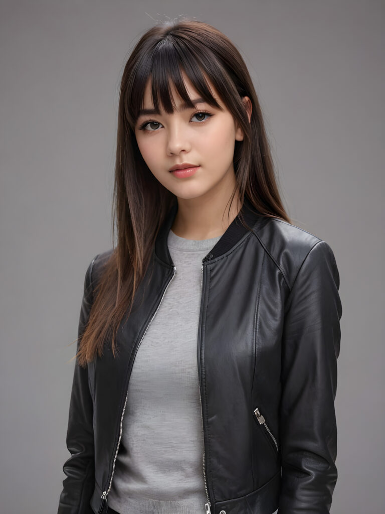 a young beautiful teen girl, perfect curved body, full lips, crop black jacket, ((straight hair, bangs cut), ((stunning)) ((gorgeous)), ((grey background)) ((a figure drawing))