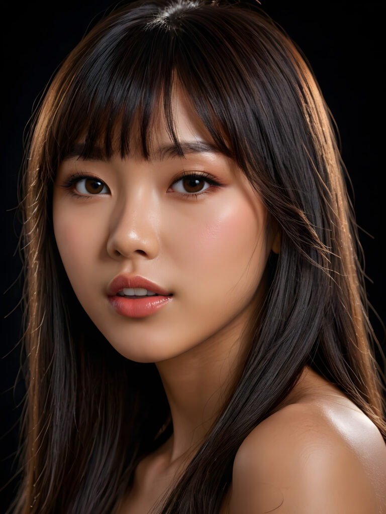 a young beautiful young little Asian teenage girl, ((long straight jet hair, bangs)), ((full lips)), (((mouth slightly open))), ((seductive look)), tanned skin, (realistic shiny round light brown eyes), (((angelic face))), black background, (perfect shadows), (weak light falls into the picture from the side), (perfect curved body), she looks seductively at the viewer, (flawless skin), ((side view)) ((ultra realistic photo)) ((stunning)) ((gorgeous)) ((4k)) ((upper body)) ((close up))