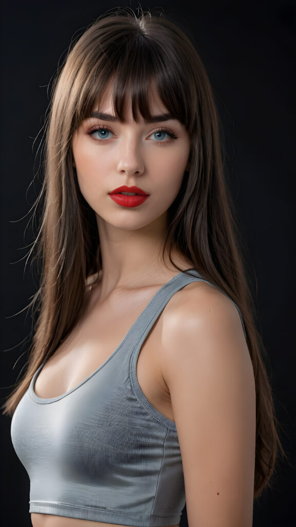 a young beautiful young girl, she has full red lips and her mouth is slightly open ready to kiss, she has long (((detailed +attribut straight hair in bangs cut))) (her hair falls on her shoulders), and (realistic light blue eyes), ((angelic face)), black background, perfect shadows, weak light falls into the picture from the side, she wears a tight (((grey crop top))), perfect curved body, she looks seductively at the viewer, flawless skin, ((side view)) ((ultra realistic photo)) ((stunning)) ((gorgeous)) ((4k)), full body