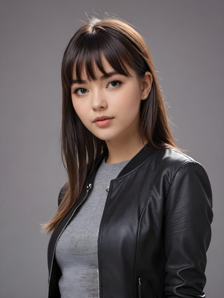 a young beautiful teen girl, perfect curved body, full lips, crop black jacket, ((straight hair, bangs cut), ((stunning)) ((gorgeous)), ((grey background)) ((a figure drawing))