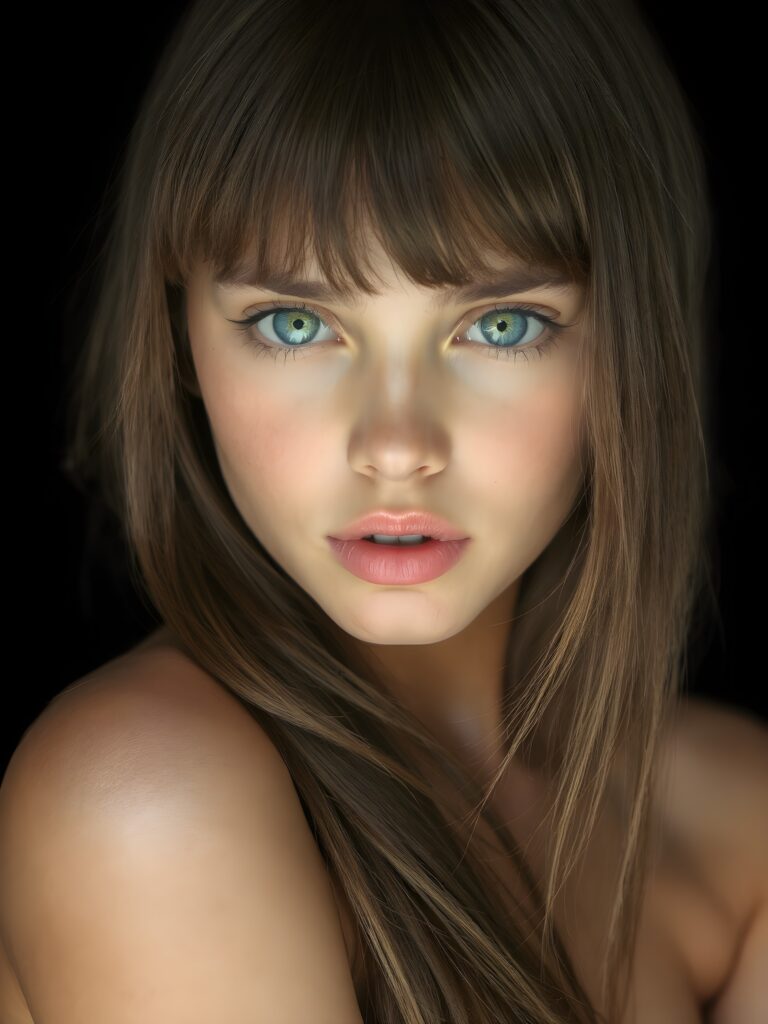 a young beautiful young girl, 14 years old, ((jet soft straight hair, bangs frame her face)), ((full natural lips)), (((mouth slightly open))), ((seductive look)), glossy shiny tanned skin, (realistic shiny round light blue eyes), (((angelic face))), black background, (perfect shadows), (light falls into the picture from the side), (perfect curved body), she looks seductively at the viewer, (flawless skin), ((side view)) ((ultra realistic photo)) ((stunning)) ((gorgeous)) ((4k)) ((upper body))