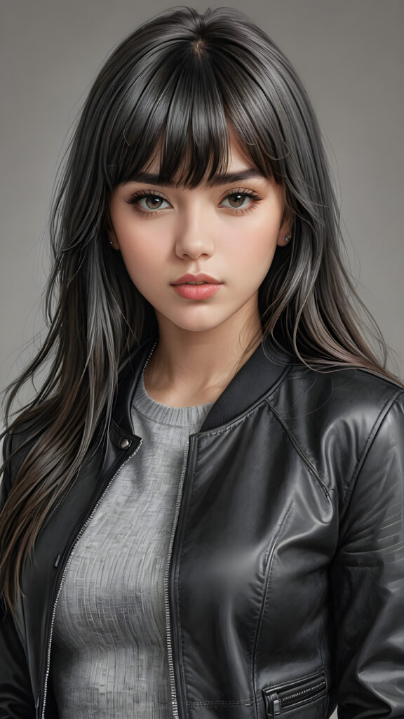 a young beautiful teen girl, perfect curved body, realistic detailed hair, fit body, full lips, crop black jacket, ((straight hair, bangs cut), ((stunning)) ((gorgeous)) ((detailed upper body portrait)), ((grey background)) ((a charcoal pencil drawing by hand))