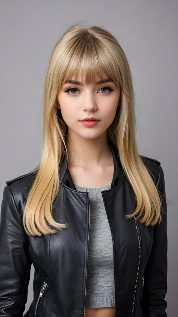 a young beautiful cute petite teen girl, perfect curved body, full lips, wears a black jacket, ((straight blond hair, bangs cut), ((stunning)) ((gorgeous)), ((grey background)) ((a drawing from points))