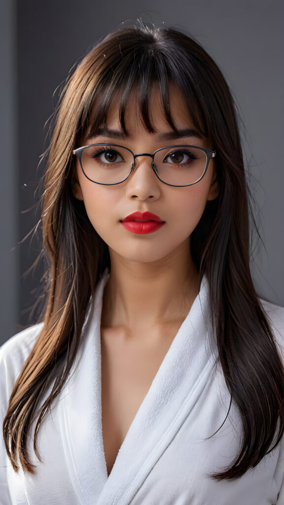 a young beautiful Exotic teen girl, wearing a large, dark prescription glasses, she wears a white bathrobe, she has (full red lips) and her mouth is slightly open, she has long (((detailed straight shoulder-length dark hair, bangs that are parted to the side))), and (realistic dark eyes), ((angelic face)), ((grey background)), perfect shadows, weak light falls into the picture from the side, perfect curved body, she looks seductively at the viewer, flawless skin, white teeth, ((side view)) ((ultra realistic photo)) ((stunning)) ((gorgeous)) ((4k)) ((upper body))