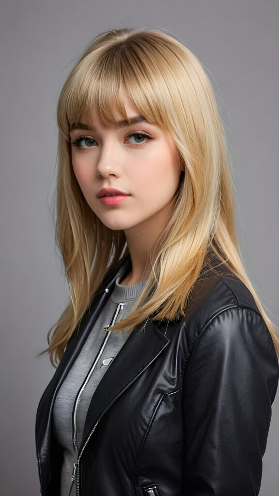 a young beautiful cute petite teen girl, perfect curved body, full lips, wears a black jacket, ((straight blond hair, bangs cut), ((stunning)) ((gorgeous)), ((grey background)) ((a drawing from points))