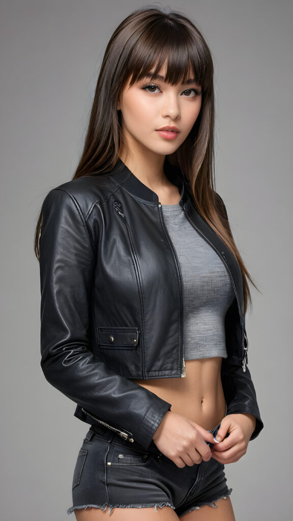 a young beautiful teen girl, perfect curved body, full lips, crop black jacket, ((straight hair, bangs cut), ((stunning)) ((gorgeous)), ((grey background)) ((a figure drawing))