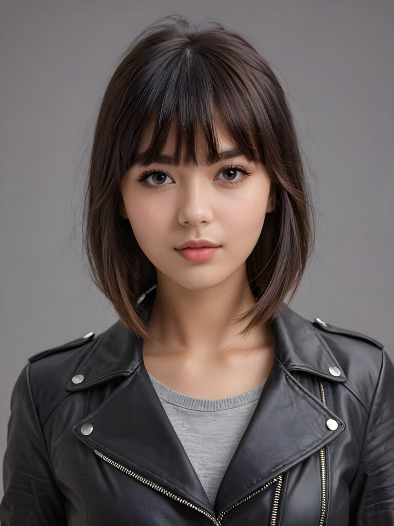 a young beautiful teen girl, perfect curved body, full lips, crop black jacket, ((straight hair, bangs cut), ((stunning)) ((gorgeous)), ((grey background)) ((a figure drawing))