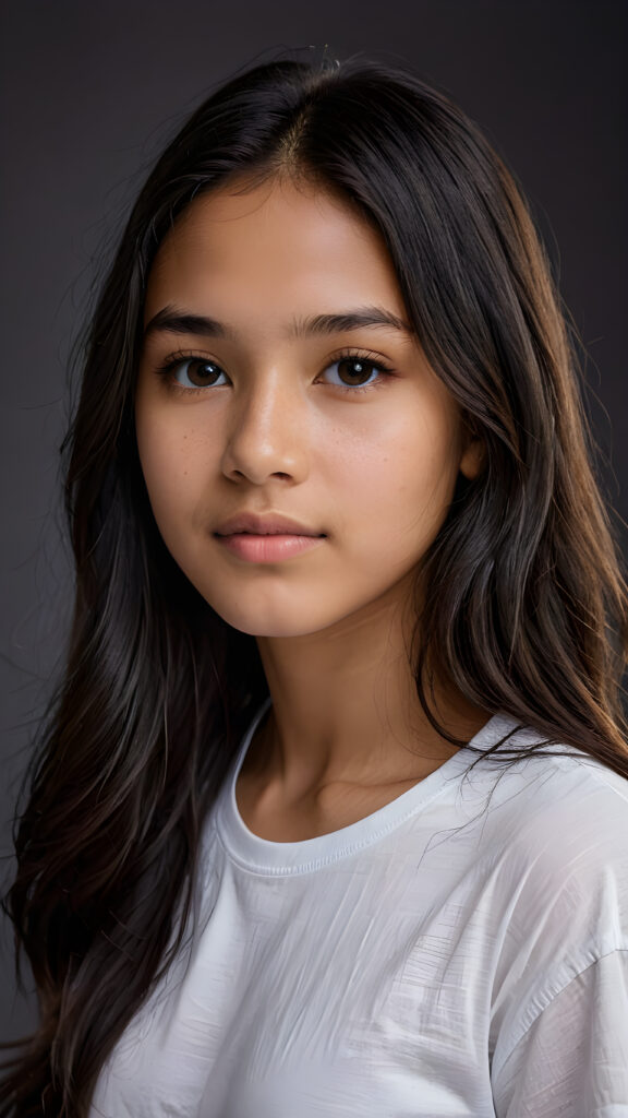 a young beautiful cute Peruvian teen girl, 15 years old, dimmed light falls on her face, she has long (((dark hair))) and dark eyes, ((angelic round face)), ((realistic, detailed portrait)), grey background, perfect shadows, she wears a white t-shirt, perfect curved body, upper body, ((side view))