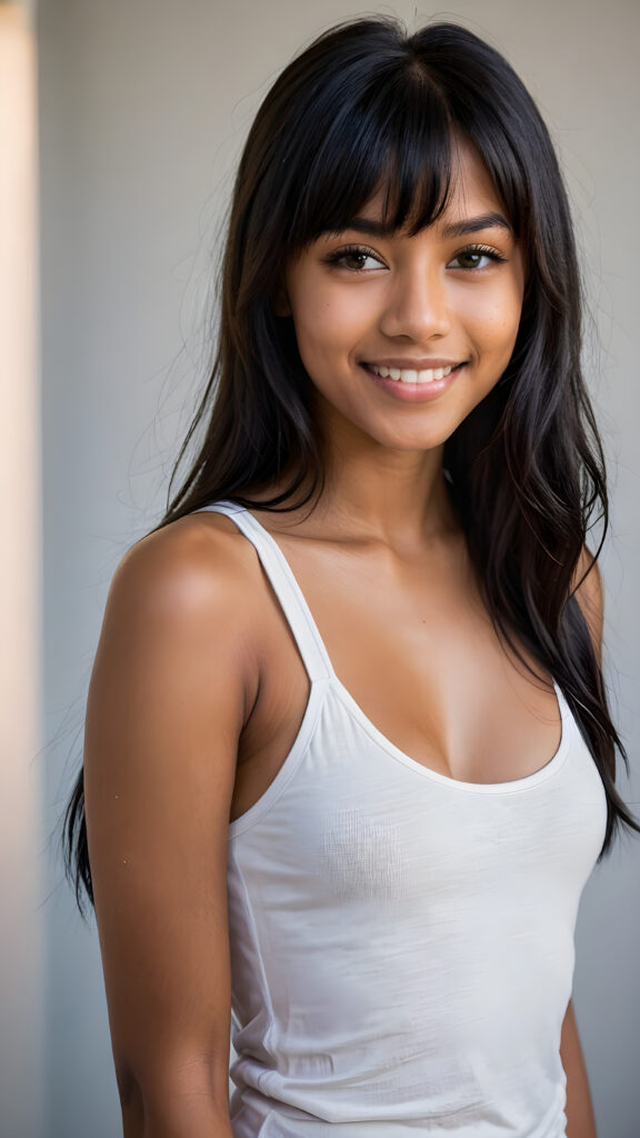 a young beautiful dark-skinned teen girl, warm smile, dimmed light falls on her, she has (((straight long black hair, bangs cut))) (her hair falls on her shoulders), ((angelic round face)), perfect shadows, white teeth, she wears (a ((tight tank top))), perfect curved fit body, upper body, flawless skin, grey background, ((stunning)) ((gorgeous)) ((4k)) ((artistically designed portrait))