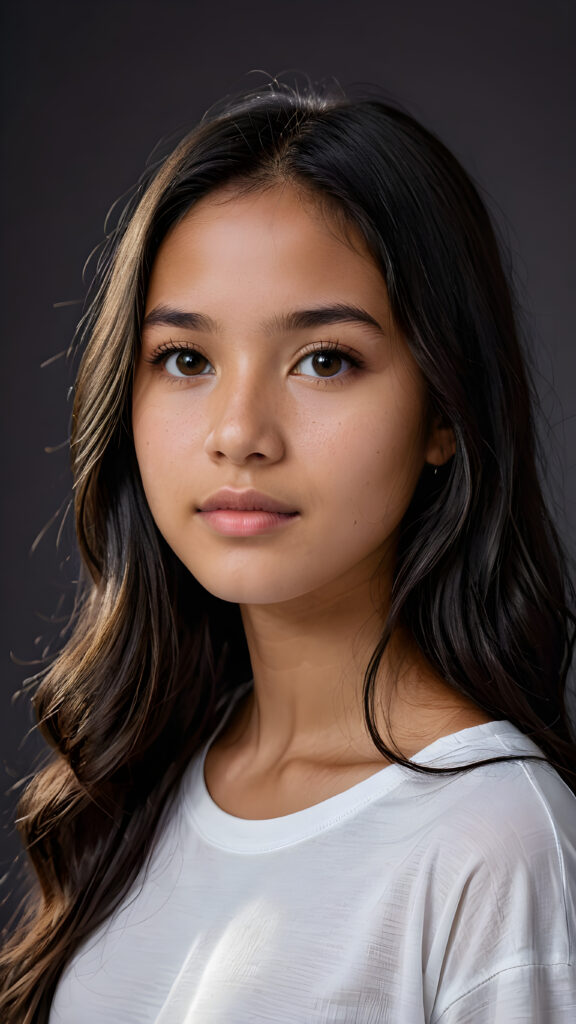 a young beautiful cute Peruvian teen girl, 15 years old, dimmed light falls on her face, she has long (((dark hair))) and dark eyes, ((angelic round face)), ((realistic, detailed portrait)), grey background, perfect shadows, she wears a white t-shirt, perfect curved body, upper body, ((side view))