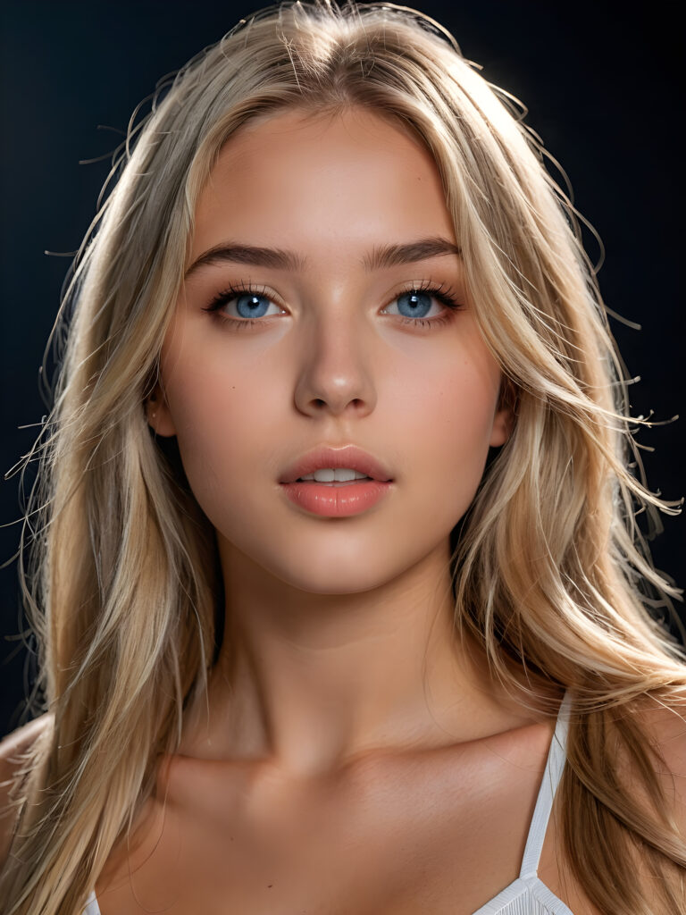 a young beautiful young little teenage girl, ((light blond long straight jet hair)), ((full natural lips)), (((mouth slightly open))), ((seductive look)), glossy shiny tanned skin, (realistic shiny round light blue eyes), (((angelic face))), black background, (perfect shadows), (weak light falls into the picture from the side), (perfect curved body), she looks seductively at the viewer, (flawless skin), ((side view)) ((ultra realistic photo)) ((stunning)) ((gorgeous)) ((4k)) ((upper body)) ((close up))