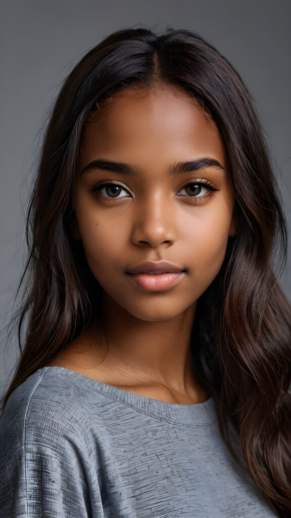 a young beautiful dark-skinned cute teen girl, straight hair, grey background, ((stunning)) ((gorgeous)) ((4k)) ((realistic detailed photo))