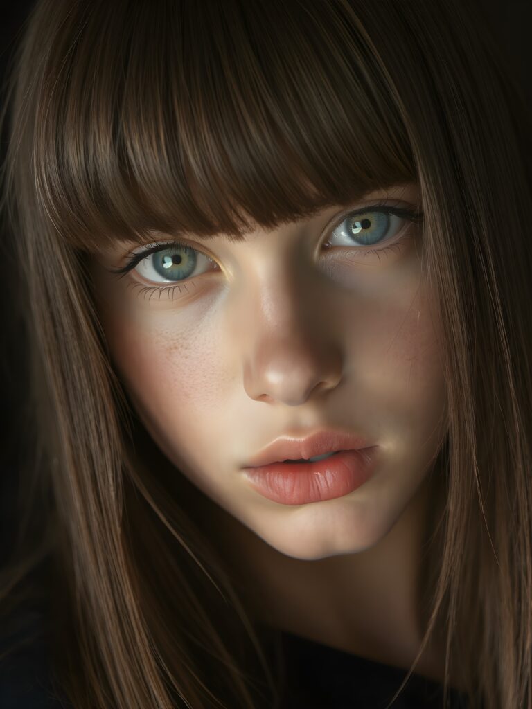 a young beautiful young girl, 14 years old, ((jet soft straight hair, bangs frame her face)), ((full natural lips)), (((mouth slightly open))), ((seductive look)), glossy shiny tanned skin, (realistic shiny round light blue eyes), (((angelic face))), black background, (perfect shadows), (light falls into the picture from the side), (perfect curved body), she looks seductively at the viewer, (flawless skin), ((side view)) ((ultra realistic photo)) ((stunning)) ((gorgeous)) ((4k)) ((upper body))