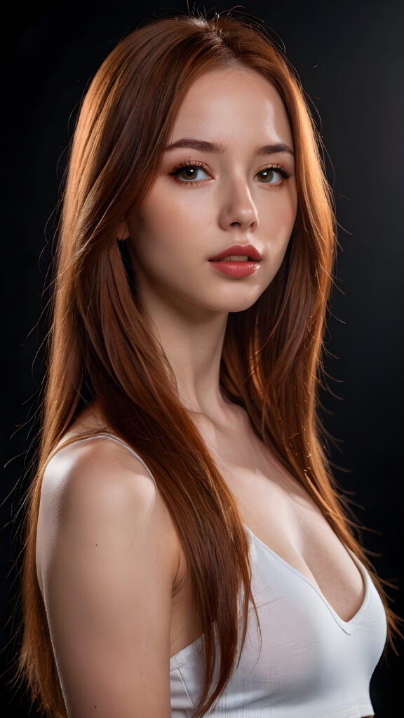 a young beautiful and cute petite girl, wears a white cropped tank top, ((amber-red long straight jet hair)), ((full lips)), (((mouth slightly open))), ((seductive look)), glossy shiny skin, (realistic amber eyes), (((angelic round face))), black background, (perfect shadows), (weak light falls into the picture from the side), (perfect curved body), she looks seductively at the viewer, (flawless skin), ((side view)) ((ultra realistic photo)) ((stunning)) ((gorgeous)) ((full body))