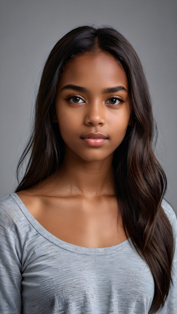 a young beautiful dark-skinned cute teen girl, straight hair, grey background, ((stunning)) ((gorgeous)) ((4k)) ((realistic detailed photo))