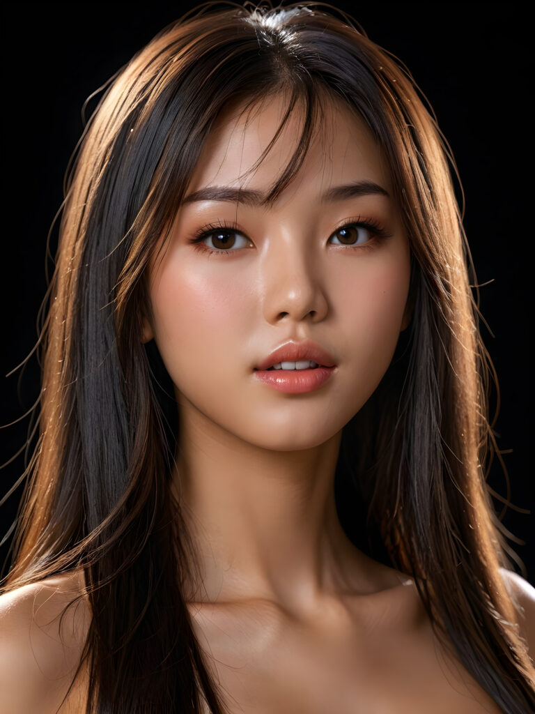 a young beautiful young little Japanese teenage girl, ((long straight jet hair)), ((full lips)), (((mouth slightly open))), ((seductive look)), tanned skin, (realistic shiny round light brown eyes), (((angelic face))), black background, (perfect shadows), (weak light falls into the picture from the side), (perfect curved body), she looks seductively at the viewer, (flawless skin), ((side view)) ((ultra realistic photo)) ((stunning)) ((gorgeous)) ((4k)) ((upper body)) ((close up))