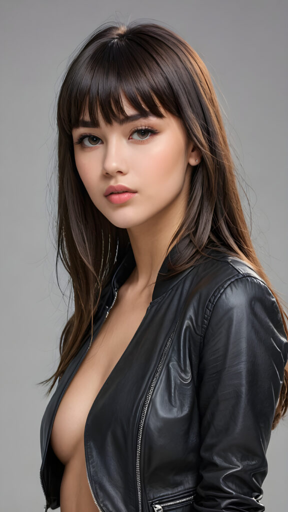 a young beautiful teen girl, perfect curved body, full lips, crop black jacket, ((straight hair, bangs cut), ((stunning)) ((gorgeous)), ((grey background)) ((a figure drawing))