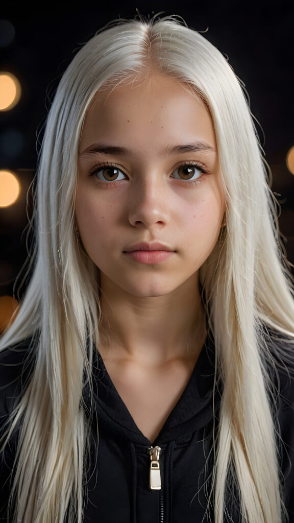 a young beautiful Exotic teen girl, 13 years old, dimmed light falls on her face, she has long (((platinum white straight hair))) and amber eyes, ((angelic round face)), ((realistic, detailed portrait)), dark background, perfect shadow, she wears a hoodie, looks tired at the viewer