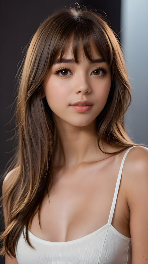 a young beautiful teen girl, she has full lips and her mouth is slightly open ready to kiss, she has long (((detailed brown straight shoulder-length hair, bangs that are parted to the side))), and (realistic light brown eyes), ((angelic face)), dark background, perfect shadows, weak light falls into the picture from the side, she wears a tight (((crop top in white))), perfect curved body, she looks seductively at the viewer, flawless skin, white teeth, ((side view)) ((ultra realistic photo)) ((stunning)) ((gorgeous)) ((4k)) ((upper body))