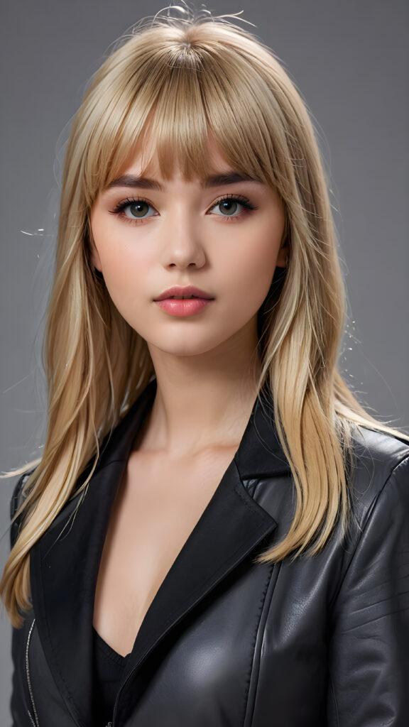 a young beautiful cute petite teen girl, perfect curved body, full lips, wears a black jacket, ((straight blond hair, bangs cut), ((stunning)) ((gorgeous)), ((grey background)) ((a drawing from points))