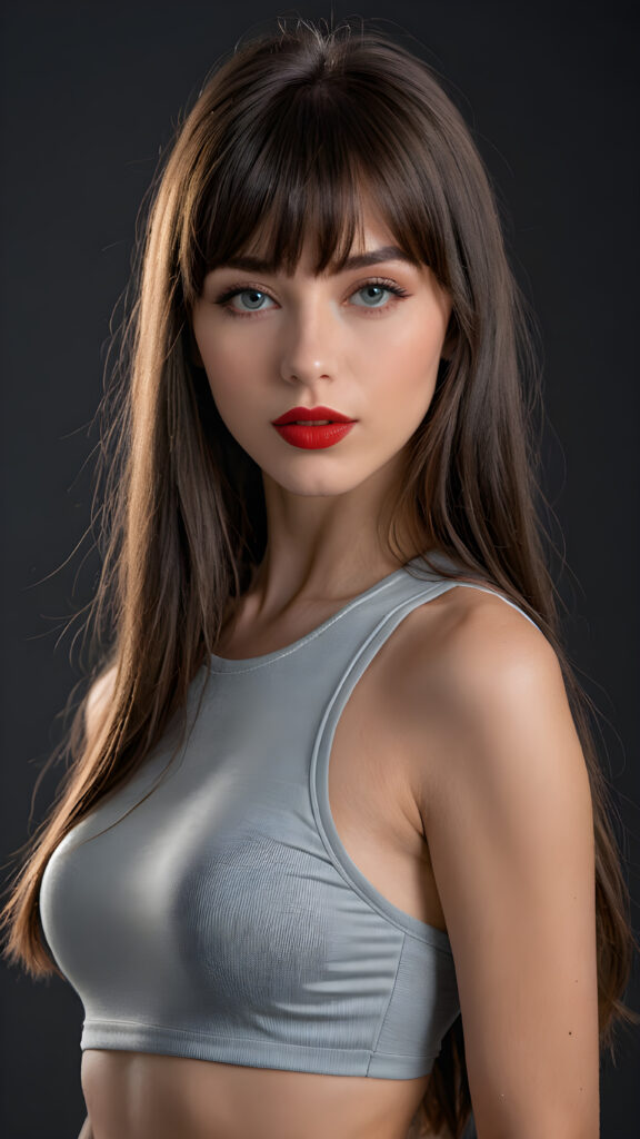 a young beautiful young girl, she has full red lips and her mouth is slightly open ready to kiss, she has long (((detailed +attribut straight hair in bangs cut))) (her hair falls on her shoulders), and (realistic light blue eyes), ((angelic face)), black background, perfect shadows, weak light falls into the picture from the side, she wears a tight (((grey crop top))), perfect curved body, she looks seductively at the viewer, flawless skin, ((side view)) ((ultra realistic photo)) ((stunning)) ((gorgeous)) ((4k)), full body