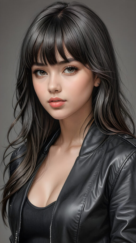 a young beautiful teen girl, perfect curved body, realistic detailed hair, fit body, full lips, crop black jacket, ((straight hair, bangs cut), ((stunning)) ((gorgeous)) ((detailed upper body portrait)), ((grey background)) ((a charcoal pencil drawing by hand))