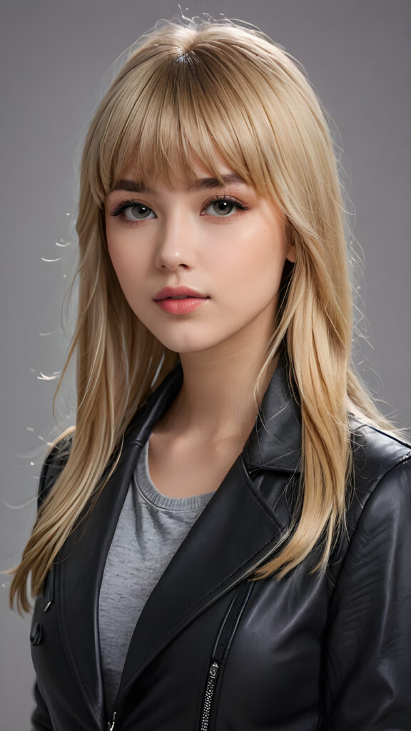 a young beautiful cute petite teen girl, perfect curved body, full lips, wears a black jacket, ((straight blond hair, bangs cut), ((stunning)) ((gorgeous)), ((grey background)) ((a drawing from points))