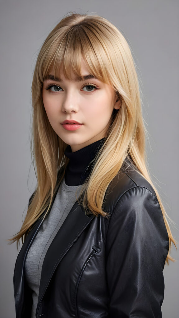 a young beautiful cute petite teen girl, perfect curved body, full lips, wears a black jacket, ((straight blond hair, bangs cut), ((stunning)) ((gorgeous)), ((grey background)) ((a drawing from points))