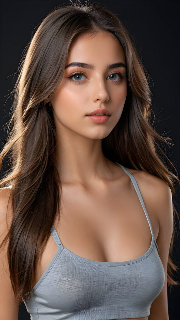 a young beautiful young girl, she has full lips and her mouth is slightly open ready to kiss, she has long (((detailed straight hair))) (her hair falls on her shoulders), and (realistic light blue eyes), ((angelic face)), black background, perfect shadows, weak light falls into the picture from the side, she wears a tight (((grey crop top))), perfect curved body, she looks seductively at the viewer, flawless skin, ((side view)) ((ultra realistic photo)) ((stunning)) ((gorgeous)) ((4k))