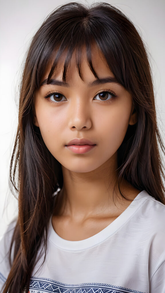 a young brown-skinned Exotic teen girl, detailed close-up portrait, straight black long full hair, bangs cut, ((stunning)) ((gorgeous)) ((white background)) ((wears a white oriental patterned t-shirt))