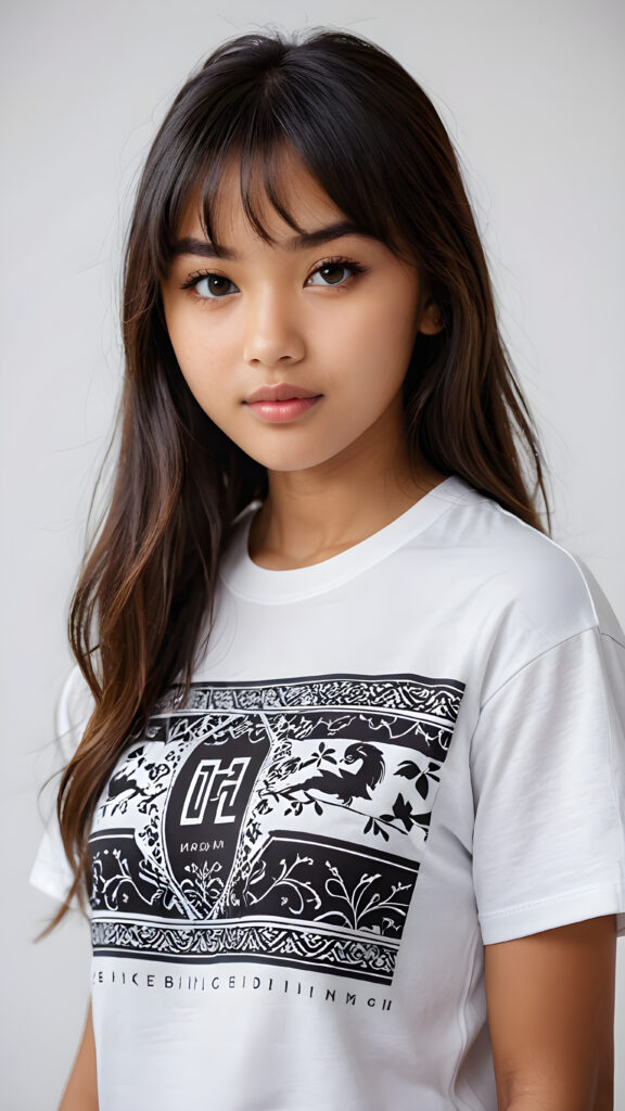 a young brown-skinned Exotic teen girl, detailed close-up portrait, straight black long full hair, bangs cut, ((stunning)) ((gorgeous)) ((white background)) ((wears a white oriental patterned t-shirt))