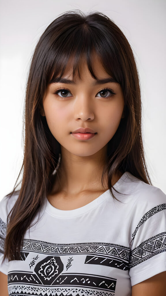 a young brown-skinned Exotic teen girl, detailed close-up portrait, straight black long full hair, bangs cut, ((stunning)) ((gorgeous)) ((white background)) ((wears a white oriental patterned t-shirt))