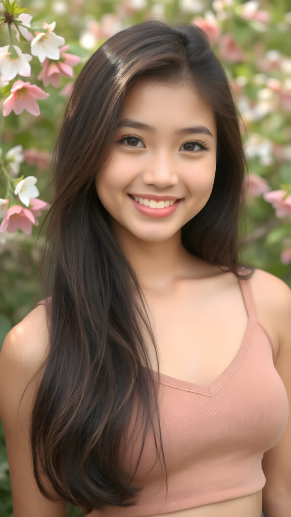 a young busty Indonesian model girl in a perfect portrait shot, with soft long hair, detailed round face, full lips, dark detailed eyes, smile, white teeth, she wears a cropped tank top with deep v-neck, cute and stunning, natural spring green backdrop