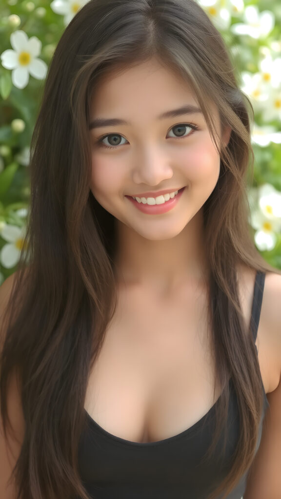 a young busty Indonesian model girl in a perfect portrait shot, with soft long hair, detailed round face, full lips, dark detailed eyes, smile, white teeth, she wears a cropped tank top with deep v-neck, cute and stunning, natural spring green backdrop