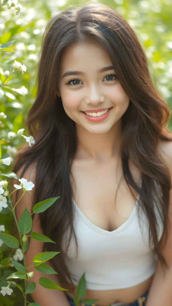 a young busty Indonesian model girl in a perfect portrait shot, with soft long hair, detailed round face, full lips, dark detailed eyes, smile, white teeth, she wears a cropped tank top with deep v-neck, cute and stunning, natural spring green backdrop