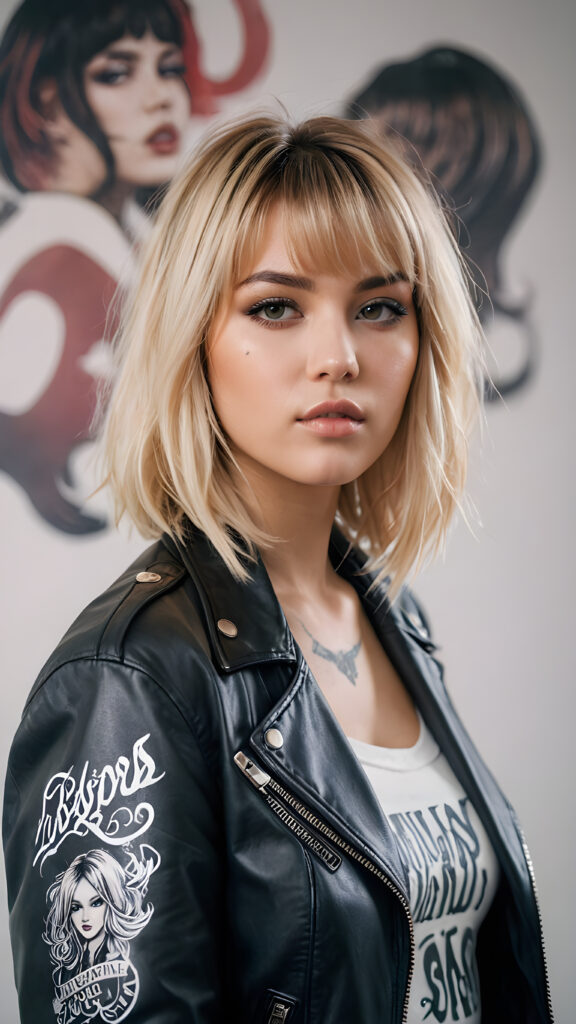 a young cute teenage girl with long two-toned blond bob cut hair, with bangs, ((black biker jacket)), ethereal, tattoo art style, ((calligraphic style)), hand painted, no photo realistic, hazy white backdrop, ((beautiful colors))