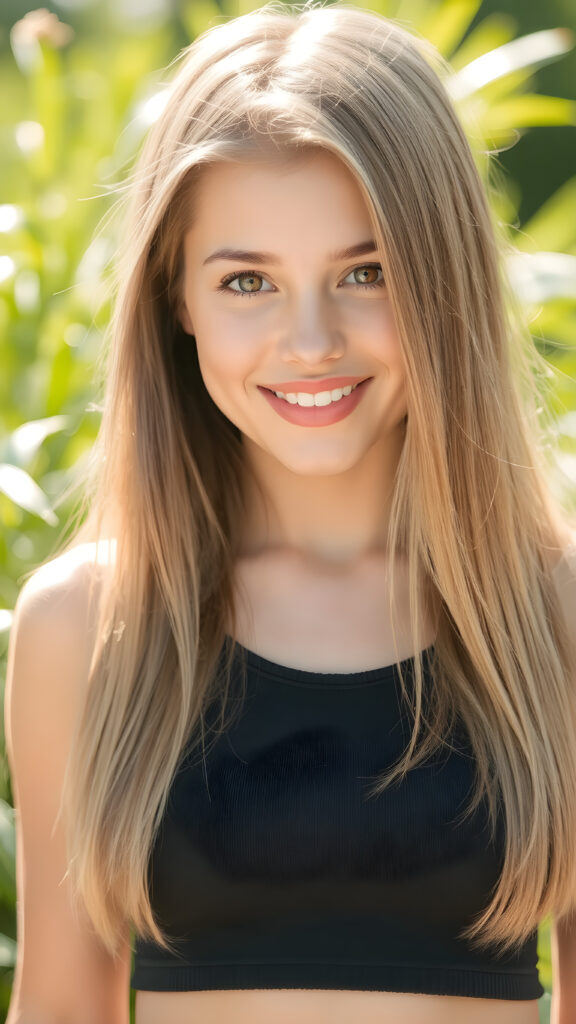 a young busty model girl in a perfect portrait shot, 1:3, with straight soft long hair, detailed round face, full lips, amber eyes, smile, white teeth, she wears a cropped tank top with deep v-neck, cute and stunning, sunny green backdrop