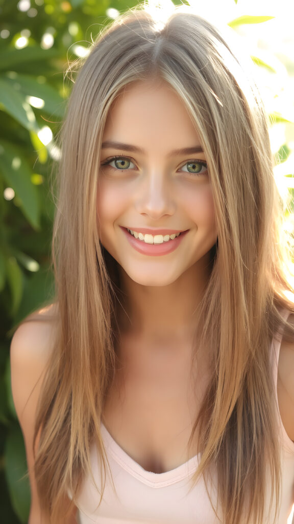 a young busty model girl in a perfect portrait shot, 1:3, with straight soft long hair, detailed round face, full lips, amber eyes, smile, white teeth, she wears a cropped tank top with deep v-neck, cute and stunning, sunny green backdrop