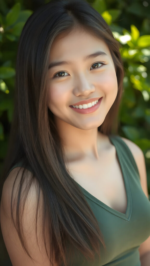 a young busty model girl from the East in a perfect portrait shot, 1:3, with straight soft long hair, detailed round face, full lips, amber eyes, smile, white teeth, she wears a cropped tank top with deep v-neck, cute and stunning, sunny green backdrop