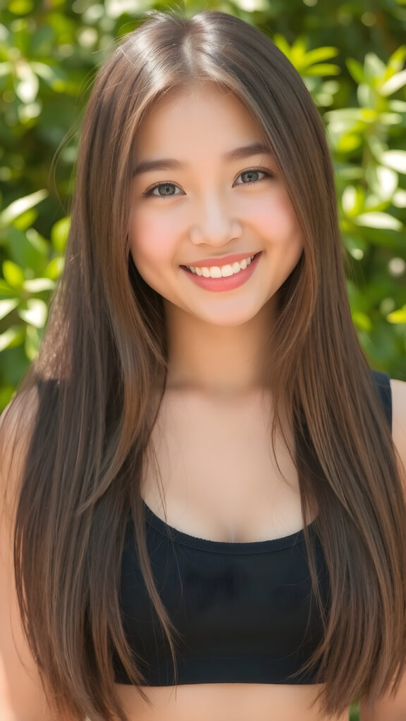 a young busty model girl from the East in a perfect portrait shot, 1:3, with straight soft long hair, detailed round face, full lips, amber eyes, smile, white teeth, she wears a cropped tank top with deep v-neck, cute and stunning, sunny green backdrop