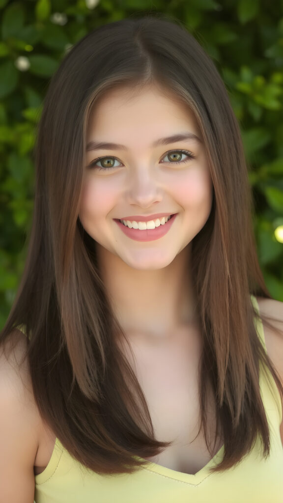 a young busty model girl in a perfect portrait shot, 1:3, with straight soft long hair, detailed round face, full lips, amber eyes, smile, white teeth, she wears a cropped tank top with deep v-neck, cute and stunning, sunny green backdrop