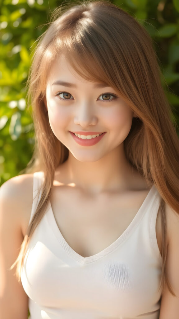 a young busty model girl from the East in a perfect portrait shot, 1:3, with straight soft long hair, detailed round face, full lips, amber eyes, smile, white teeth, she wears a cropped tank top with deep v-neck, cute and stunning, sunny green backdrop