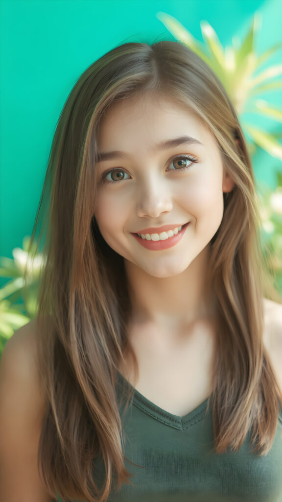 a young busty model girl in a perfect portrait shot, 1:3, with straight soft long hair, detailed round face, full lips, amber eyes, smile, white teeth, she wears a cropped tank top with deep v-neck, cute and stunning, sunny green backdrop