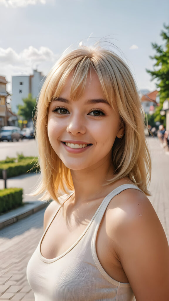 a (((young cute blond happy girl))), smile very happy, (wears a tank top), perfect curved body ((perfect portrait)), ((bangs cut, bob)) ((long straight smooth hair)) ((sunny backdrop))