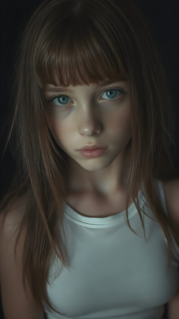 a young cute Emo teen girl, she has (((long straight hazelnut hair, bangs cut))), and (realistic dark blue eyes), ((angelic round face)), perfect shadows, ((wearing a thin white tank top)), she looks seductively at the viewer, weak light falls into the picture and creates a contrasting silhouette, upper body, flawless skin, dark mystic background, ((ultra realistic photo)) ((stunning)) ((gorgeous)) ((4k))