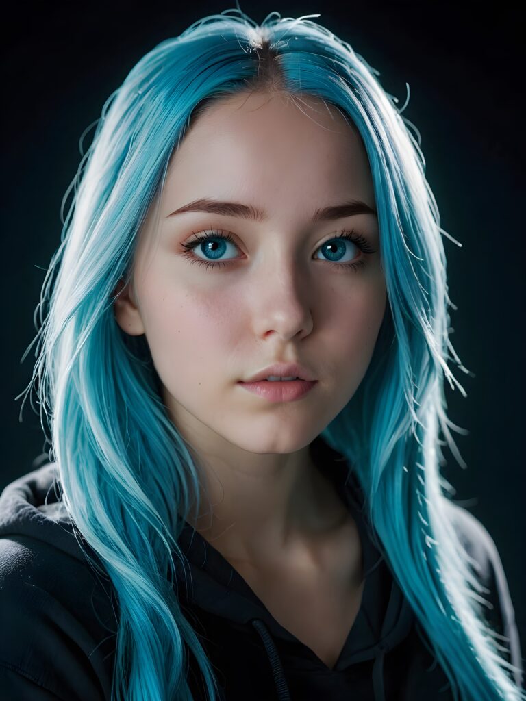 a young cute Emo teen girl, 15 years old, she has long (((neon light blue hair))), and (realistic dark blue eyes), ((angelic round face)), in a dreamy, perfect shadows, wearing a grey hoodie, perfect curved body, she looks seductively at the viewer, weak light falls into the picture and creates a contrasting silhouette, upper body, flawless skin, dark background, ((side profile)) ((ultra realistic photo)) ((stunning)) ((gorgeous)) ((4k))